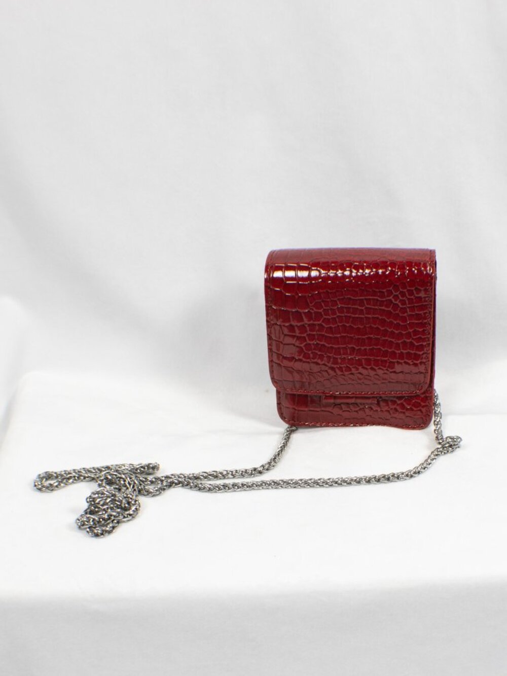 Red Croc Embossed Mini Flap Crossbody Bag with Chain Strap